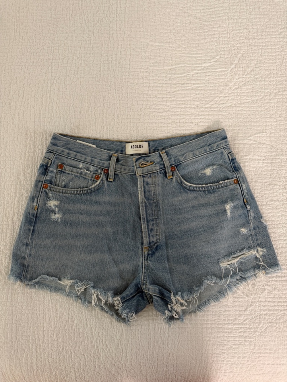 Agolde Parker Light Blue Distressed High-Rise Denim Shorts